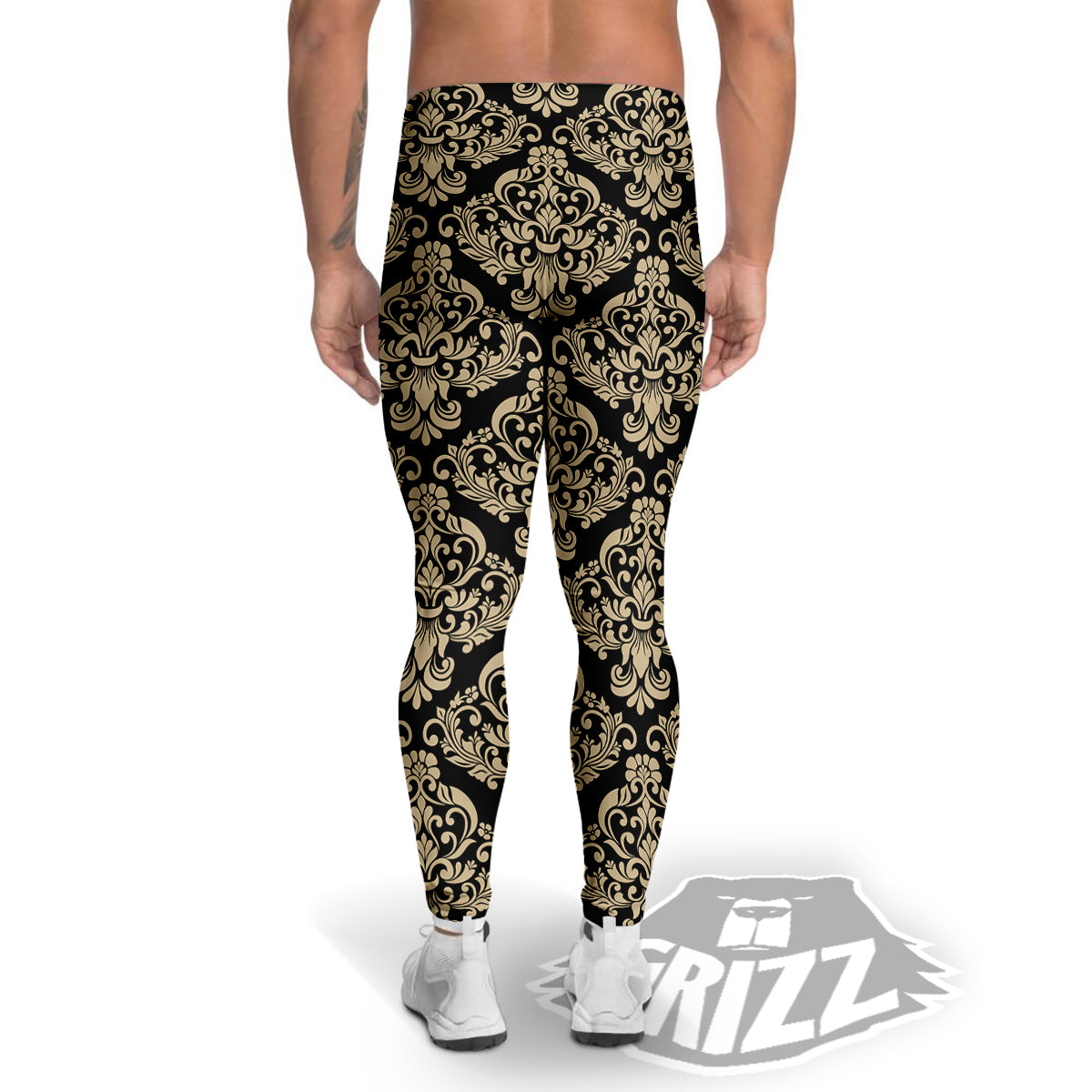 Damask Beige And Black Print Pattern Men's Leggings-grizzshop