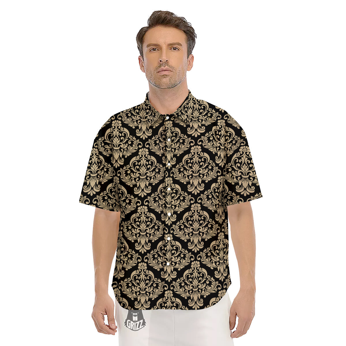 Damask Beige And Black Print Pattern Men's Short Sleeve Shirts-grizzshop