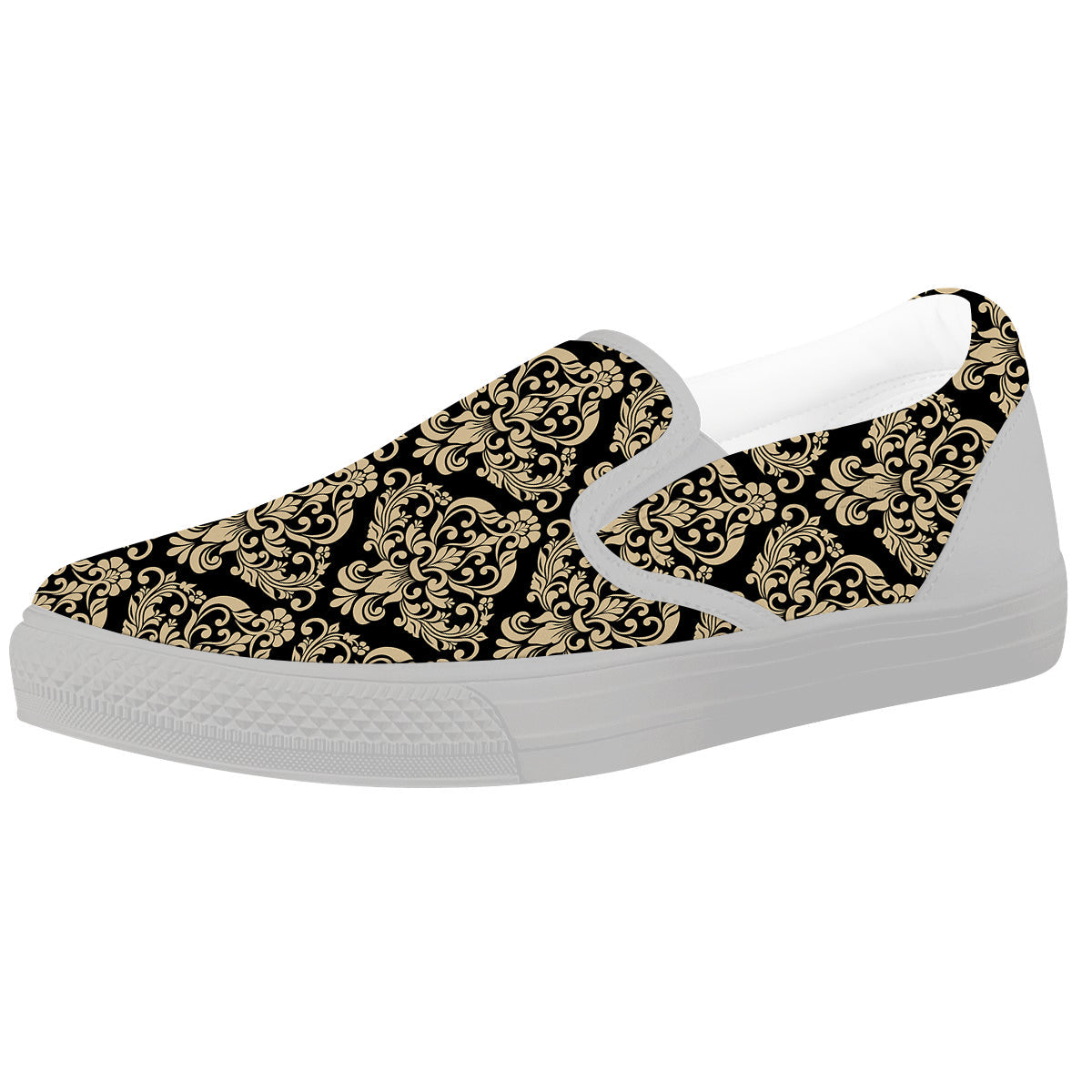 Damask Beige And Black Print Pattern White Slip On Shoes-grizzshop