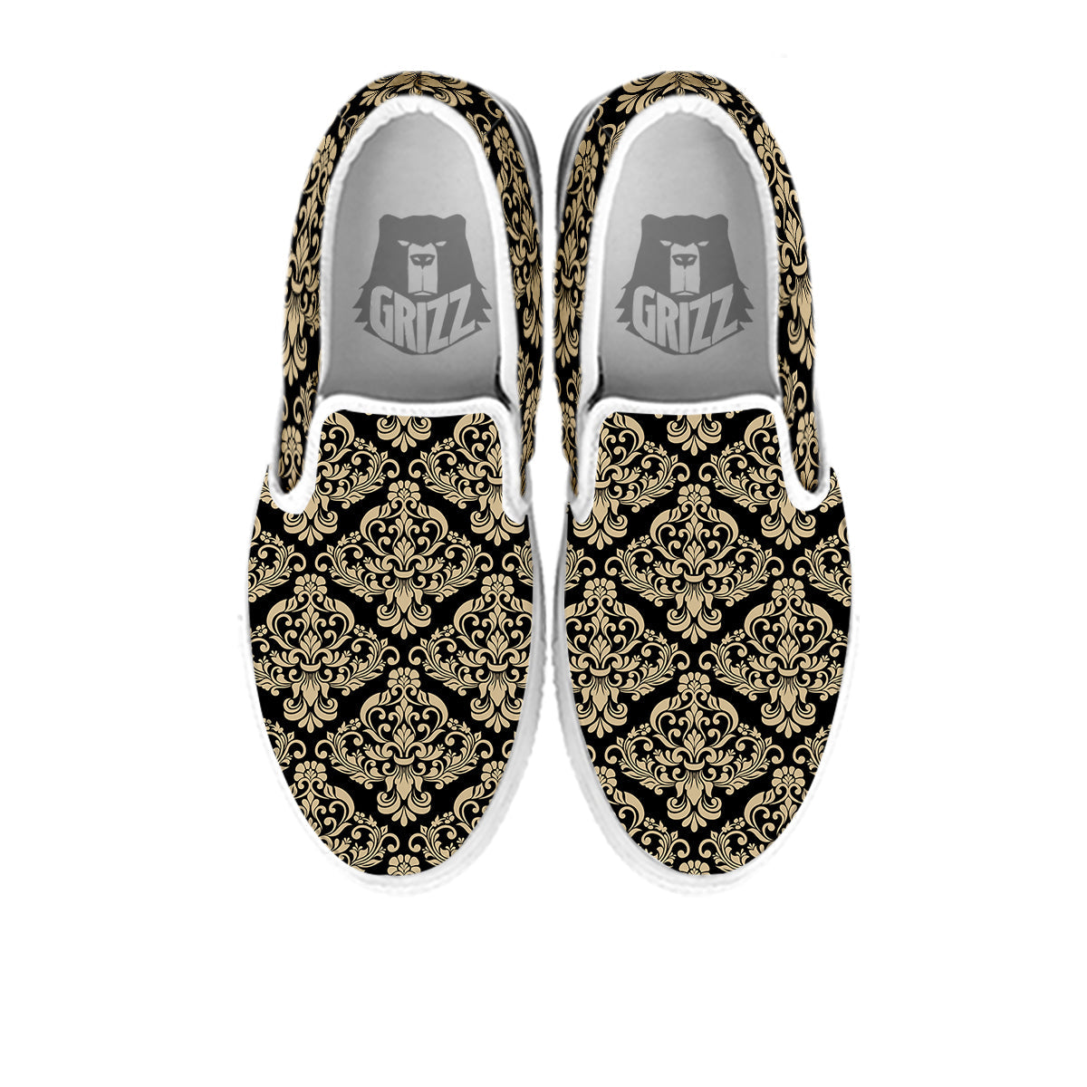 Damask Beige And Black Print Pattern White Slip On Shoes-grizzshop