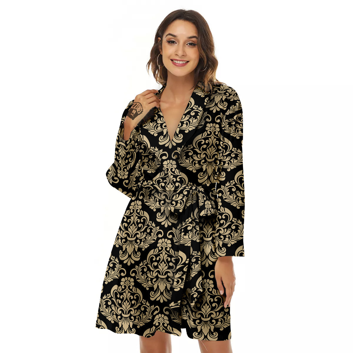 Damask Beige And Black Print Pattern Women's Robe-grizzshop