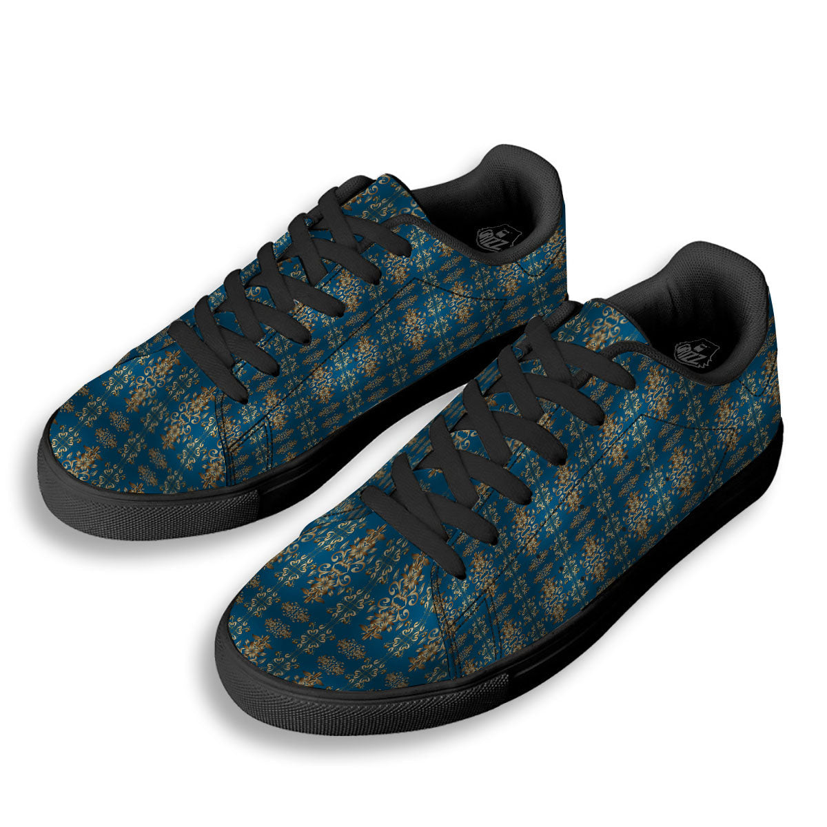 Damask Brown And Blue Print Pattern Black Low Top Sneakers-grizzshop
