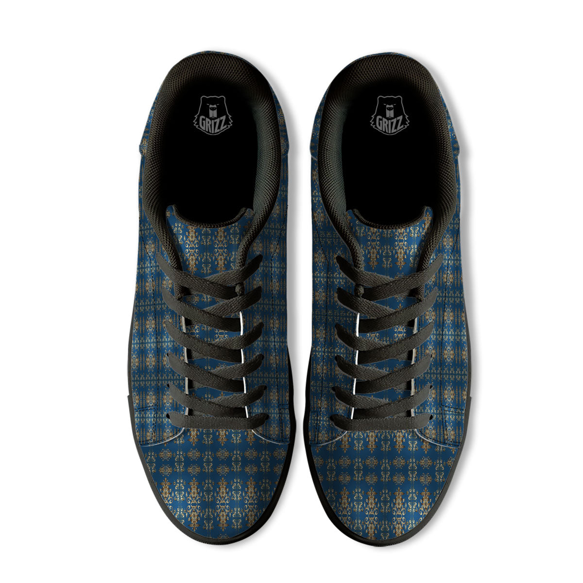 Damask Brown And Blue Print Pattern Black Low Top Sneakers-grizzshop