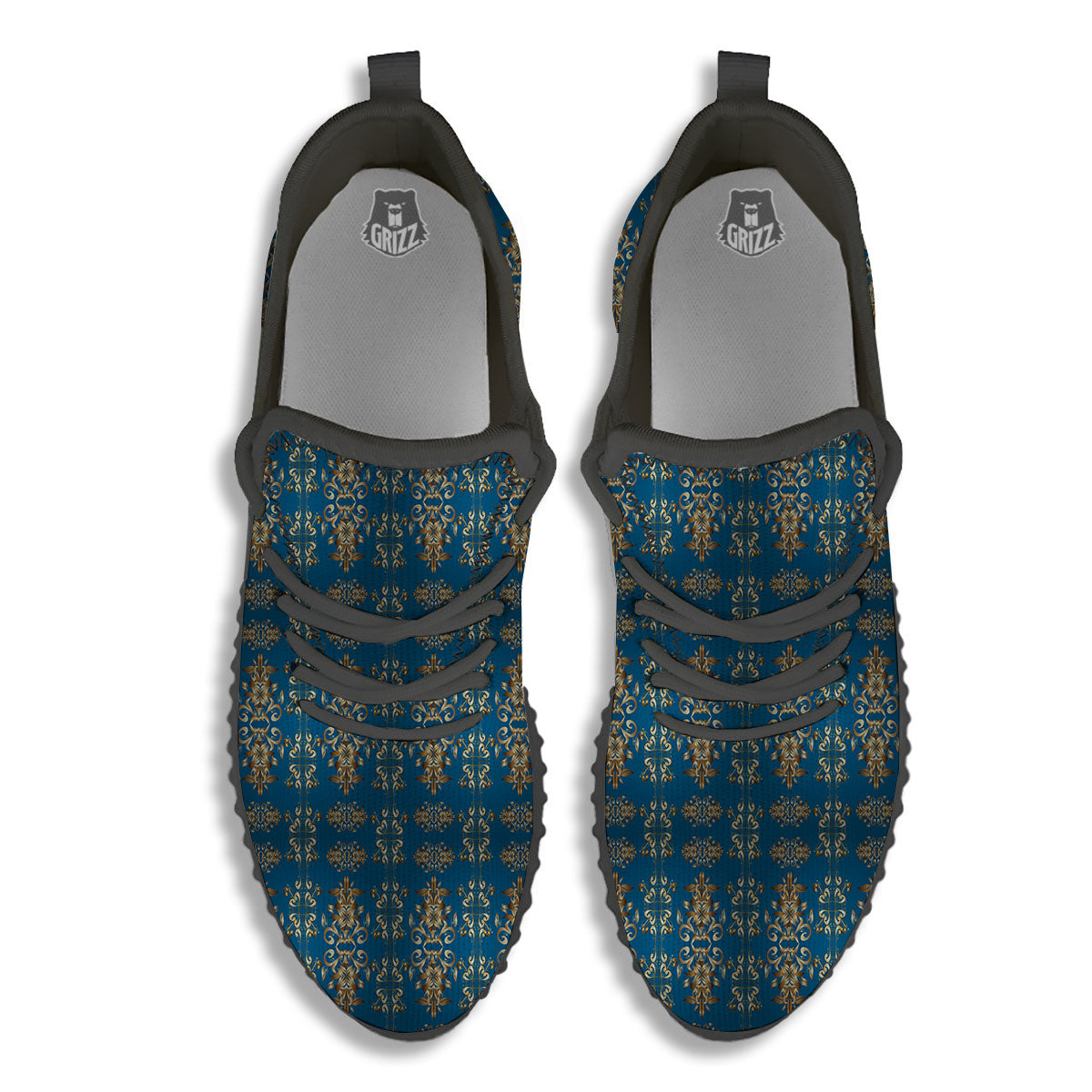 Damask Brown And Blue Print Pattern Black Walking Shoes-grizzshop
