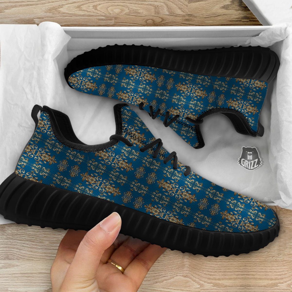 Damask Brown And Blue Print Pattern Black Walking Shoes-grizzshop