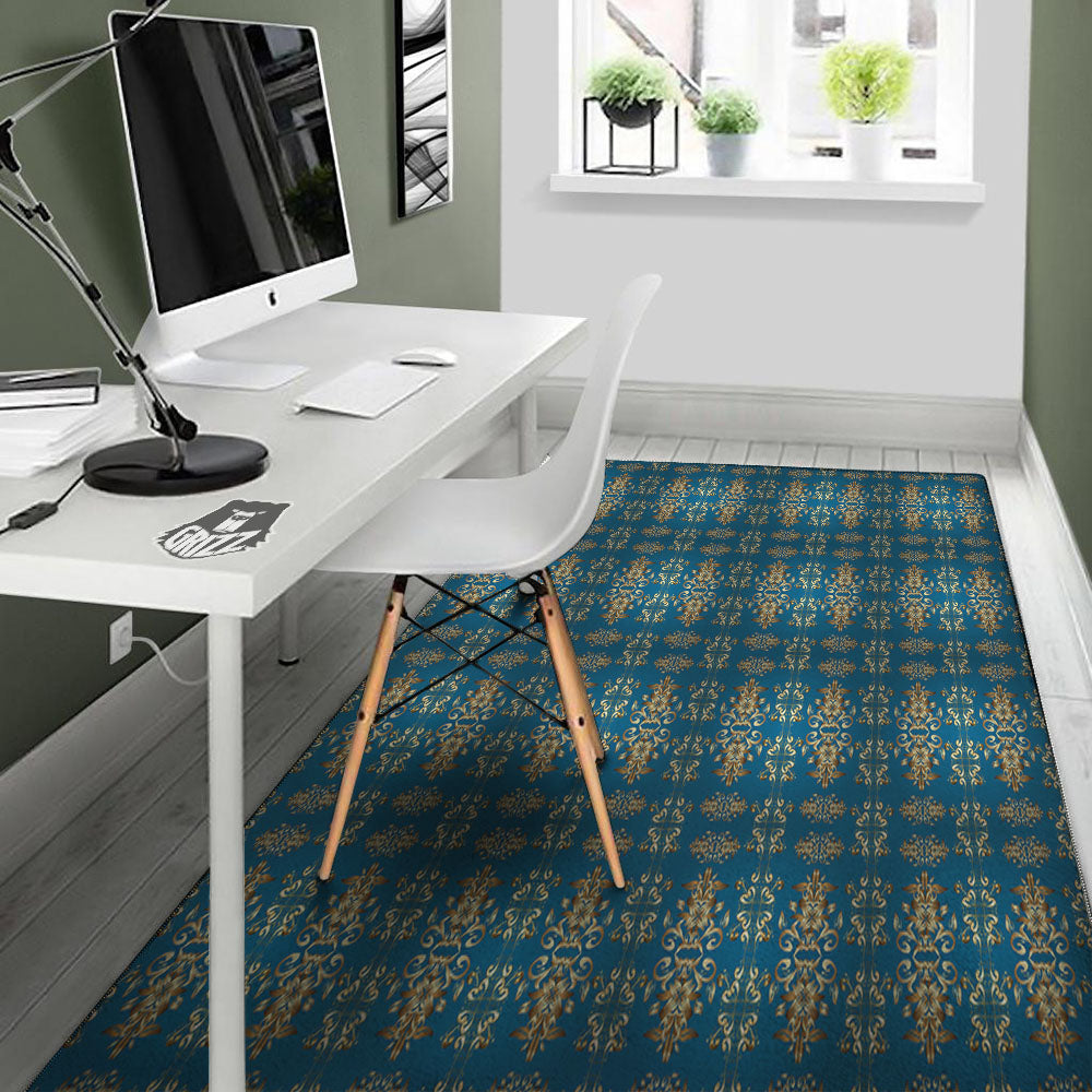 Damask Brown And Blue Print Pattern Floor Mat-grizzshop