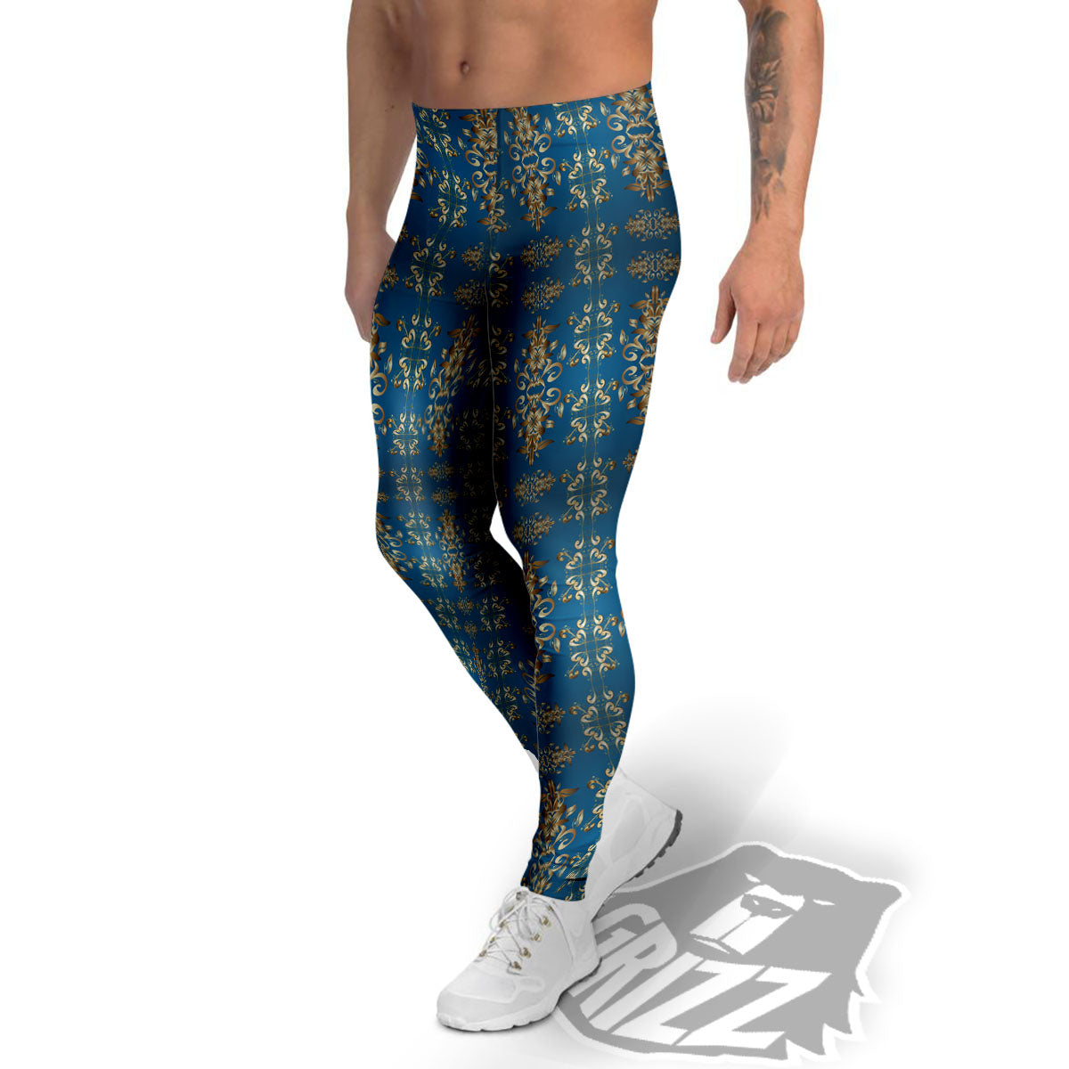 Damask Brown And Blue Print Pattern Men's Leggings-grizzshop