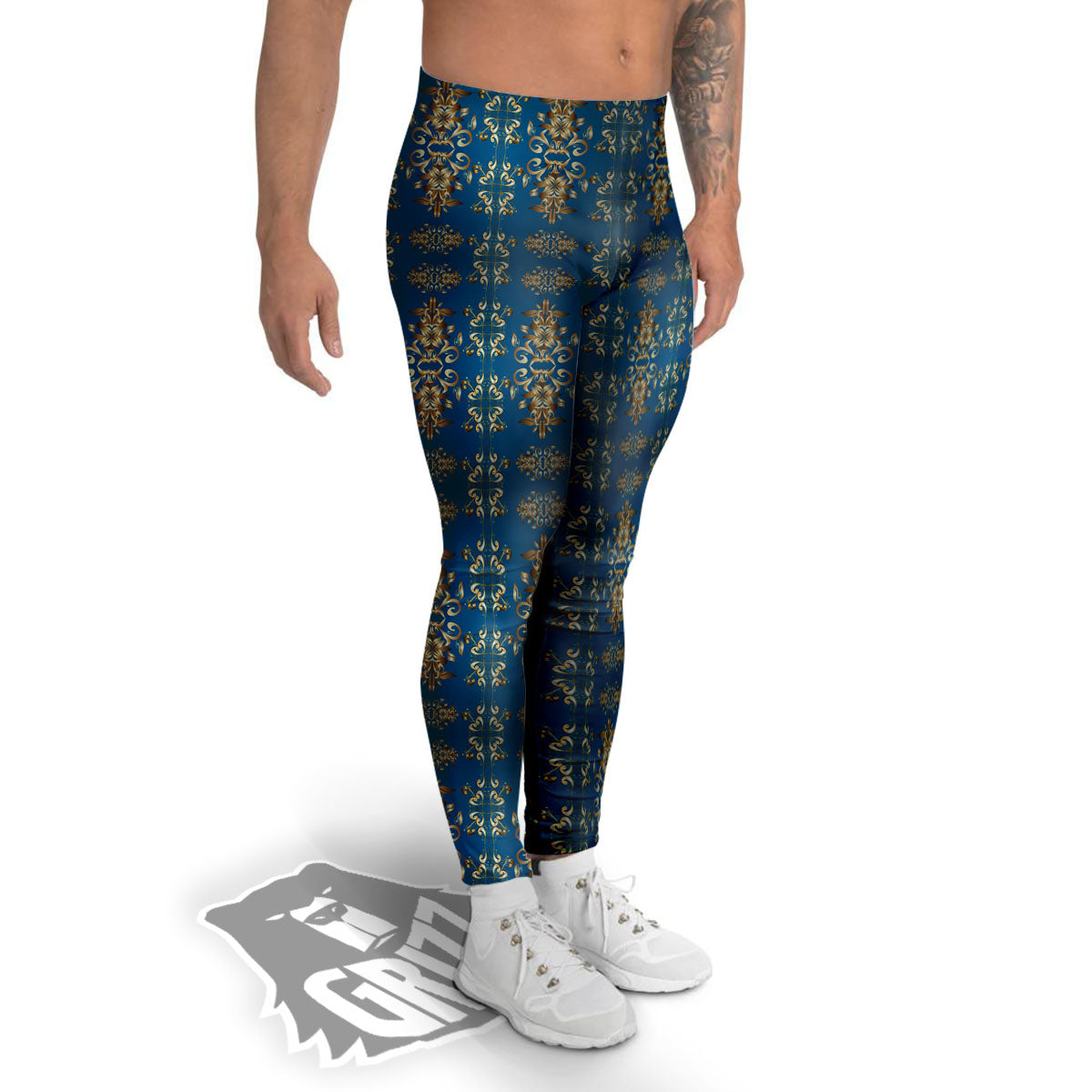Damask Brown And Blue Print Pattern Men's Leggings-grizzshop
