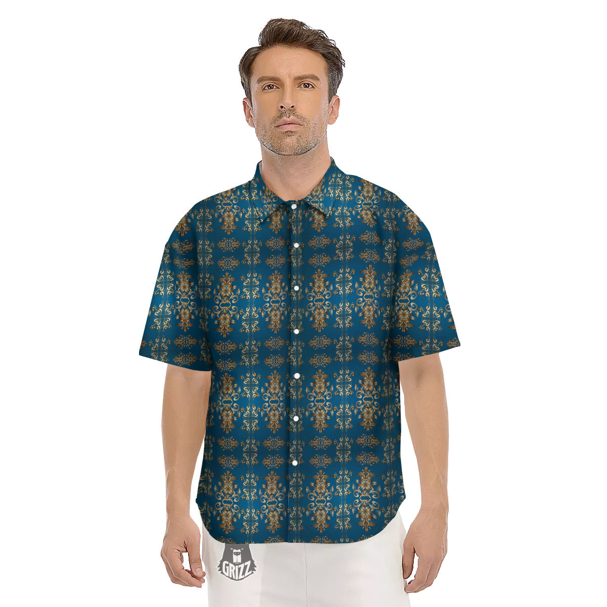 Damask Brown And Blue Print Pattern Men's Short Sleeve Shirts-grizzshop