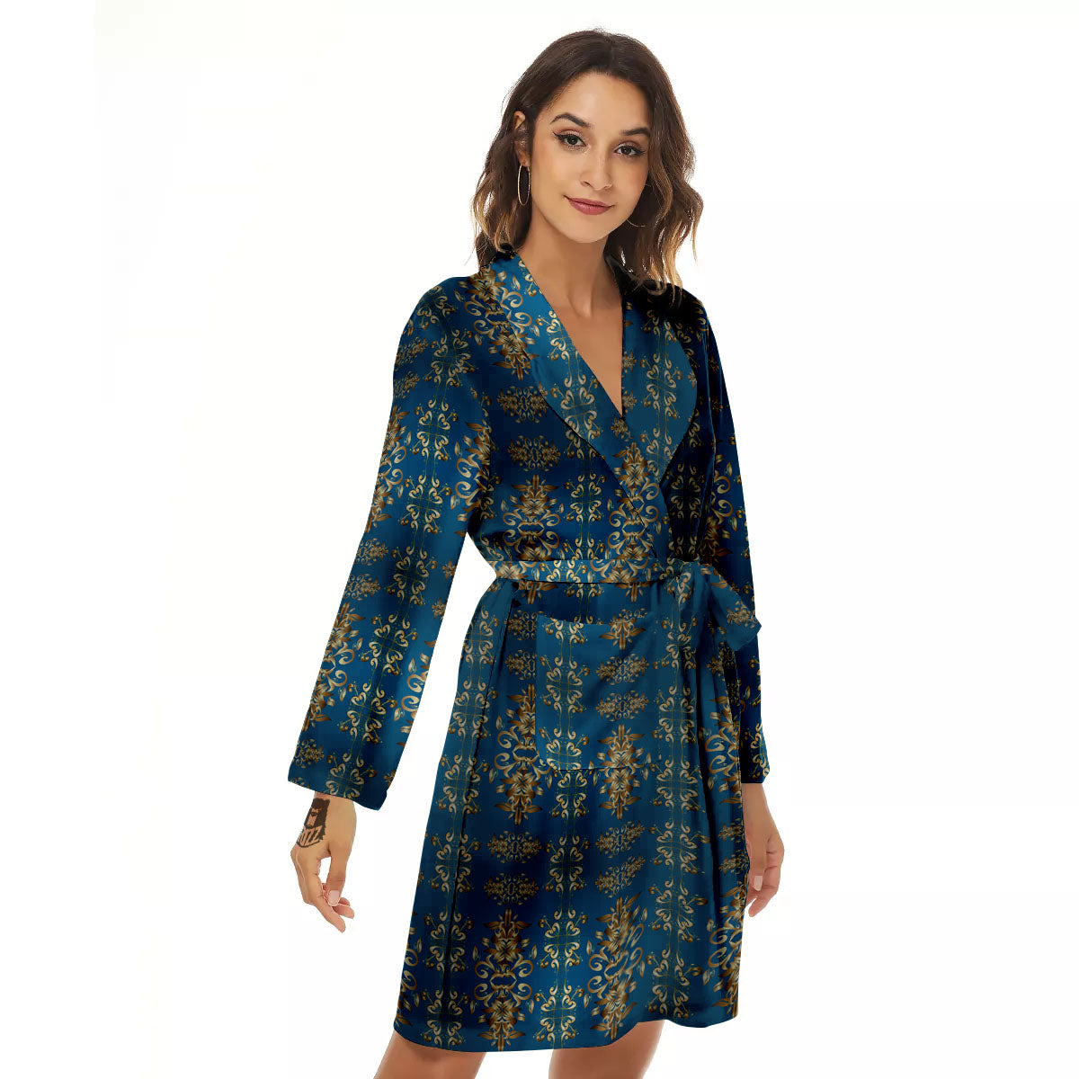 Damask Brown And Blue Print Pattern Women's Robe-grizzshop