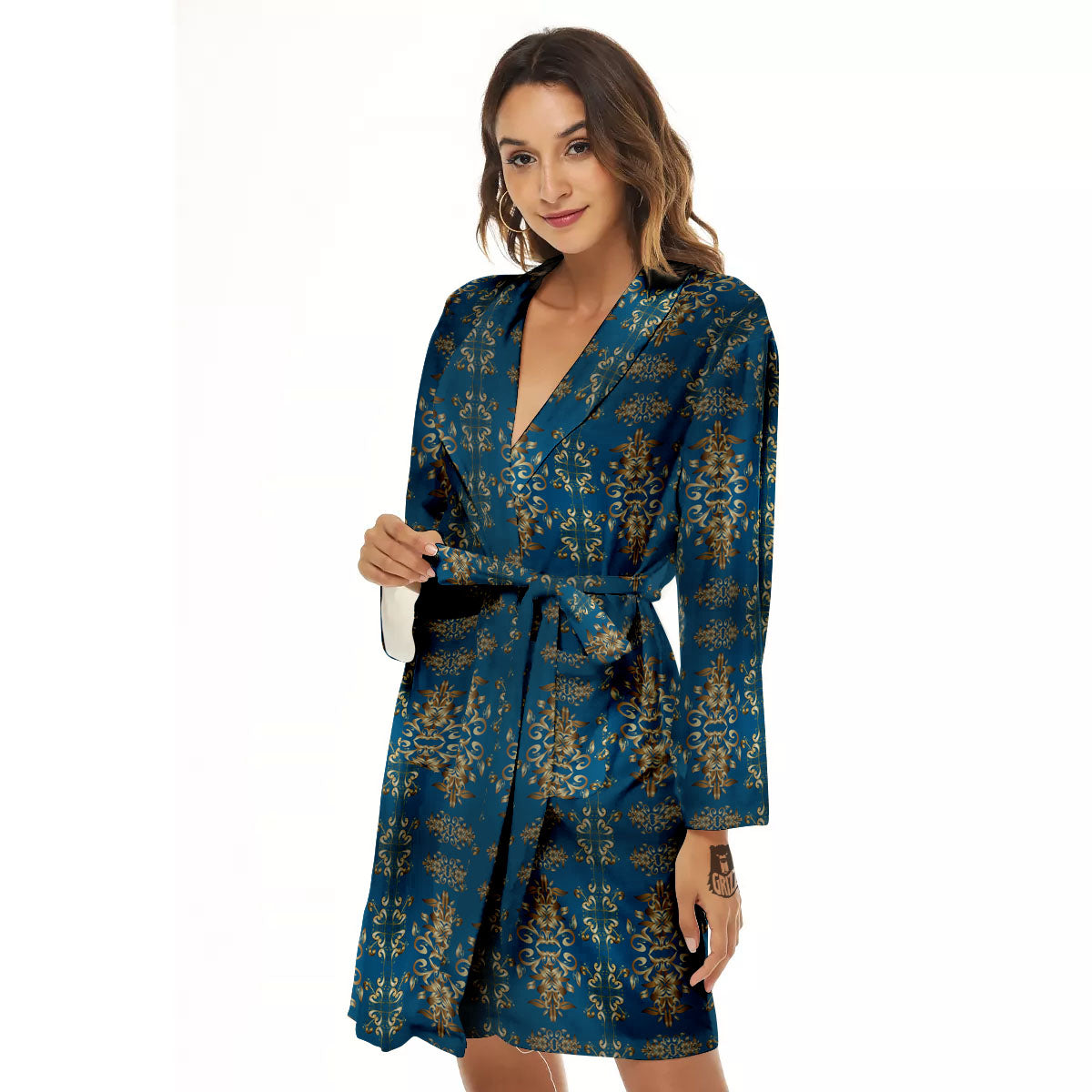 Damask Brown And Blue Print Pattern Women's Robe-grizzshop