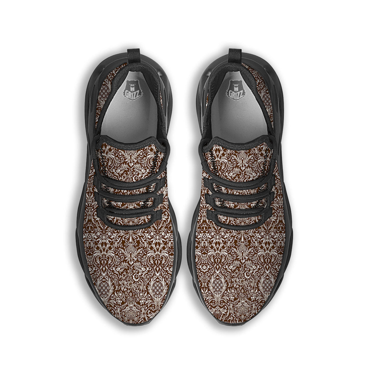 Damask Brown Print Pattern Black Running Shoes-grizzshop