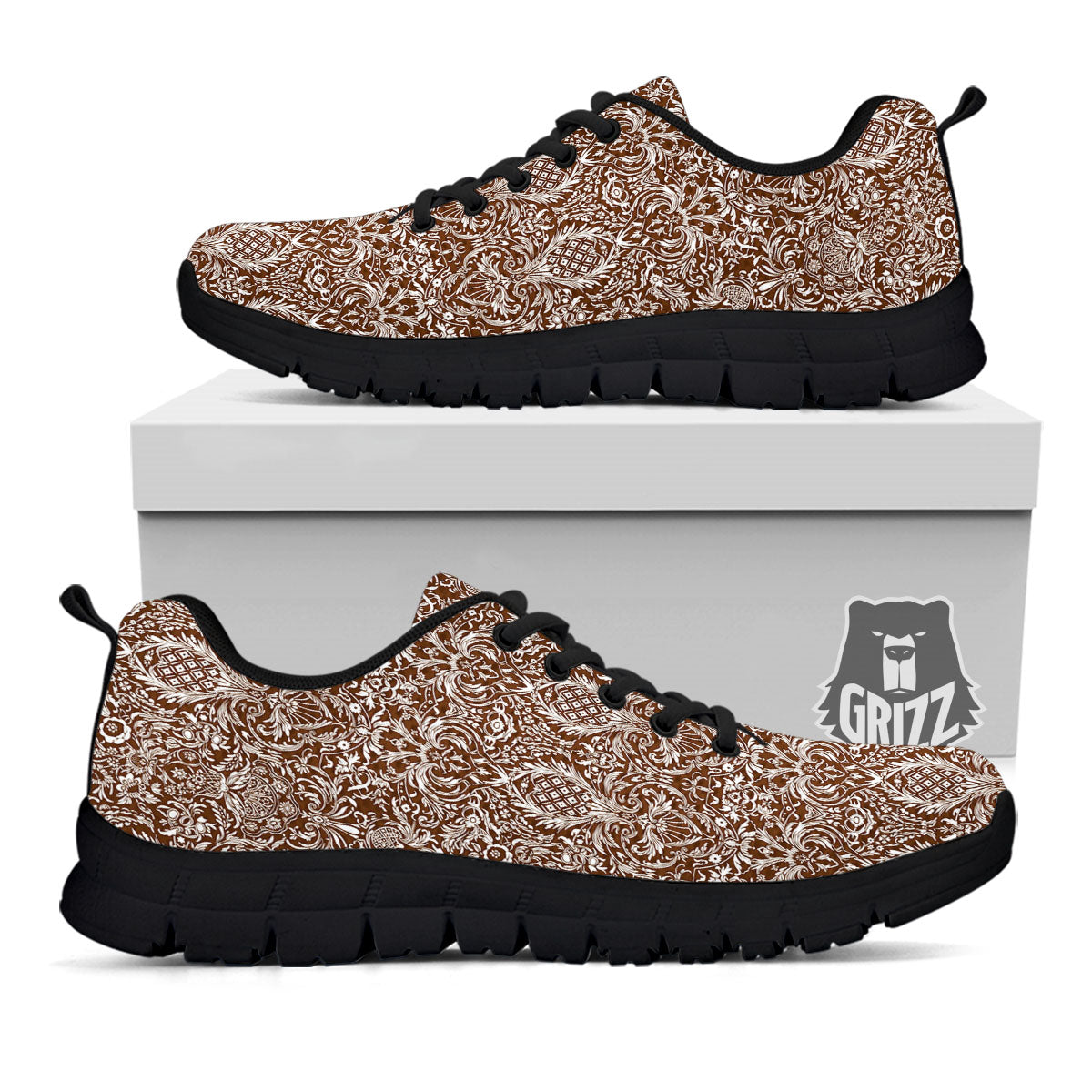 Damask Brown Print Pattern Black Sneaker-grizzshop