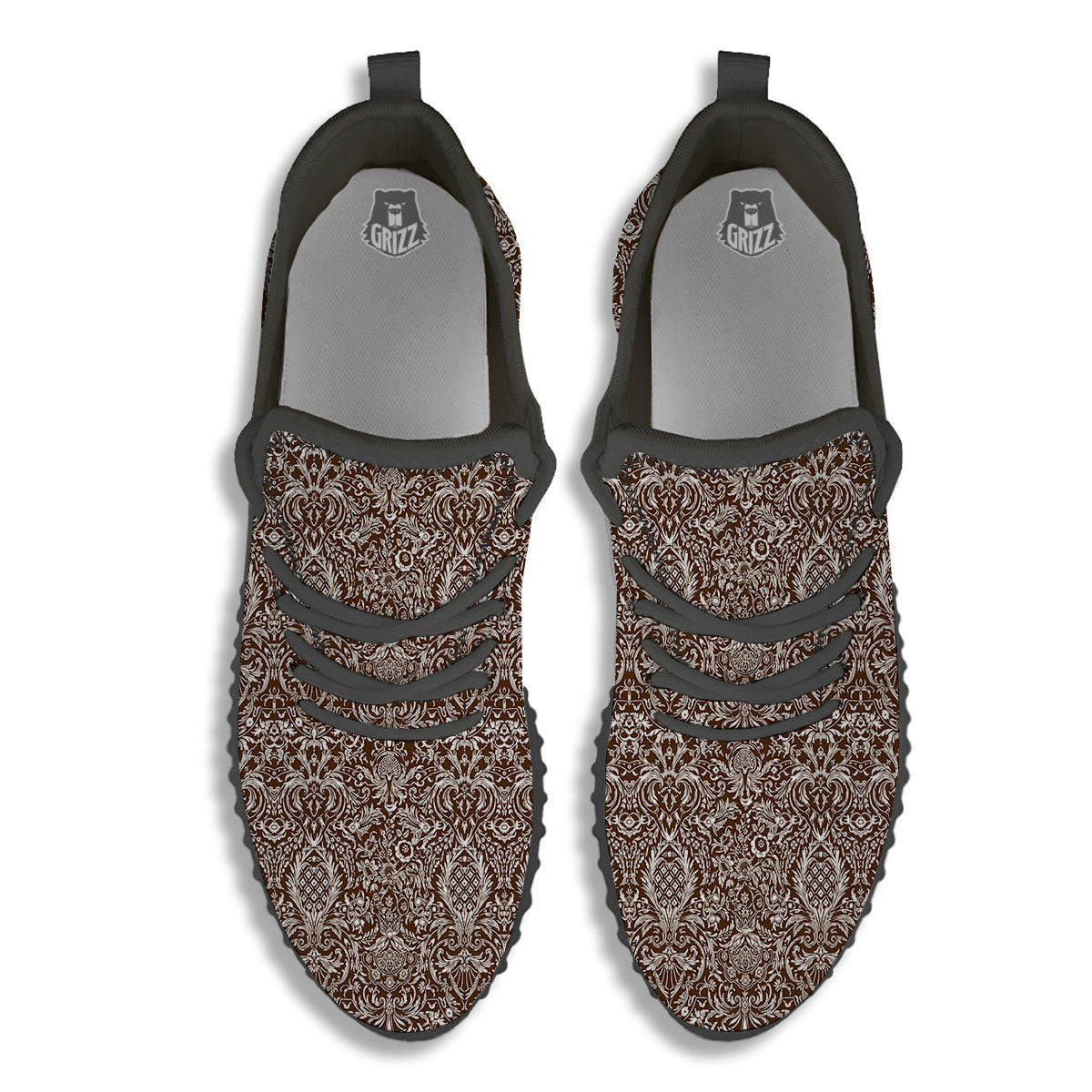 Damask Brown Print Pattern Black Walking Shoes-grizzshop