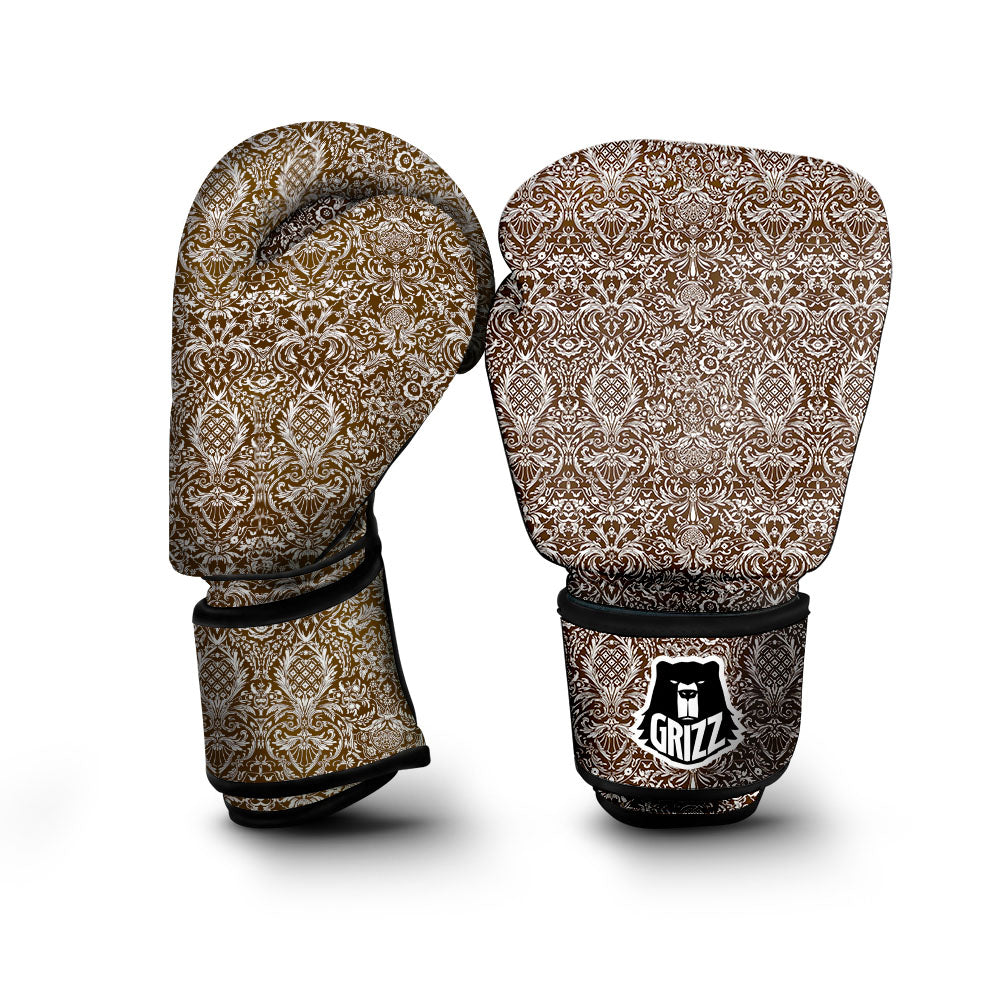 Damask Brown Print Pattern Boxing Gloves-grizzshop