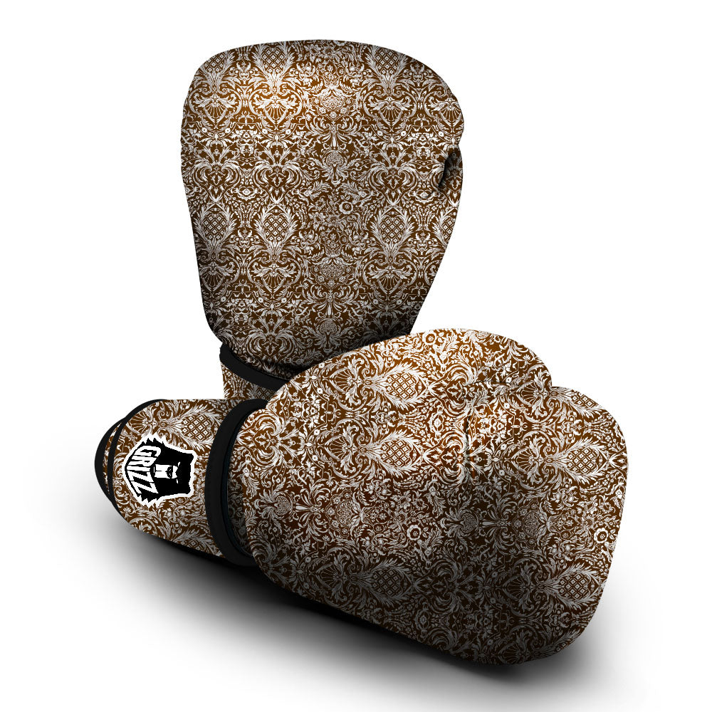 Damask Brown Print Pattern Boxing Gloves-grizzshop