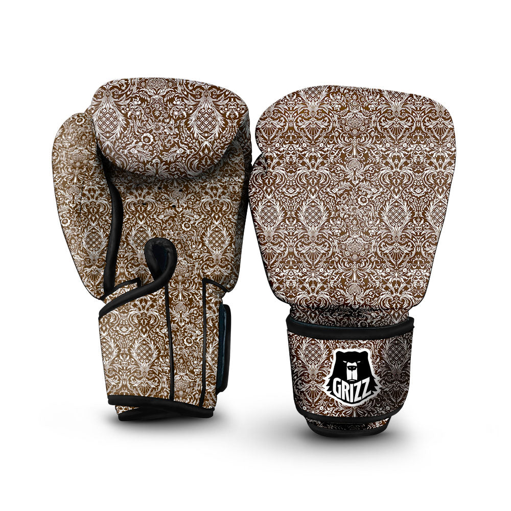 Damask Brown Print Pattern Boxing Gloves-grizzshop