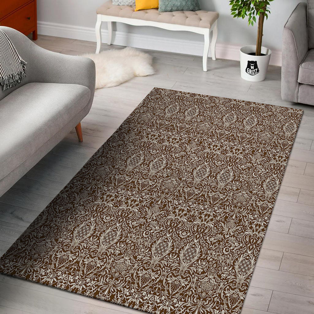 Damask Brown Print Pattern Floor Mat-grizzshop