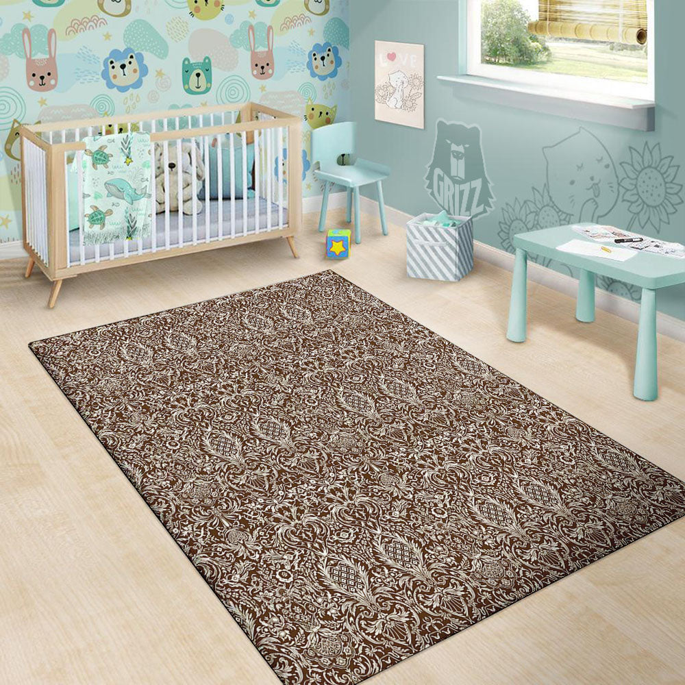 Damask Brown Print Pattern Floor Mat-grizzshop