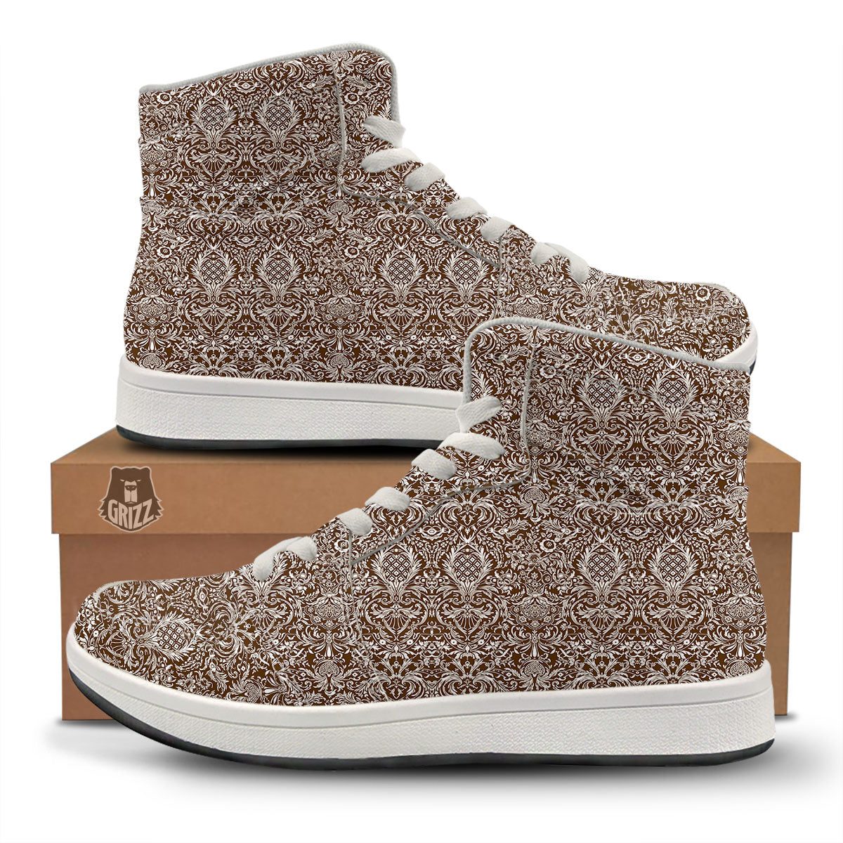 Damask Brown Print Pattern High Top Sneakers-grizzshop