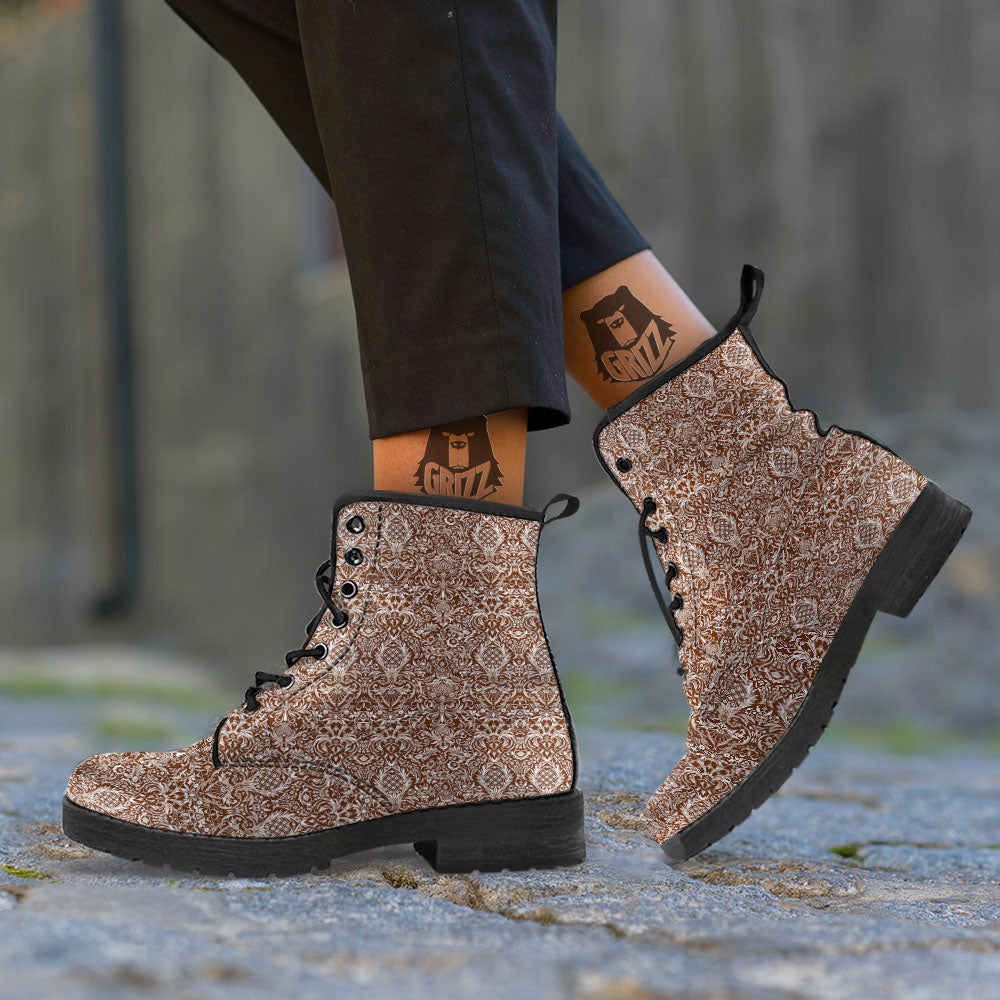 Damask Brown Print Pattern Leather Boots-grizzshop