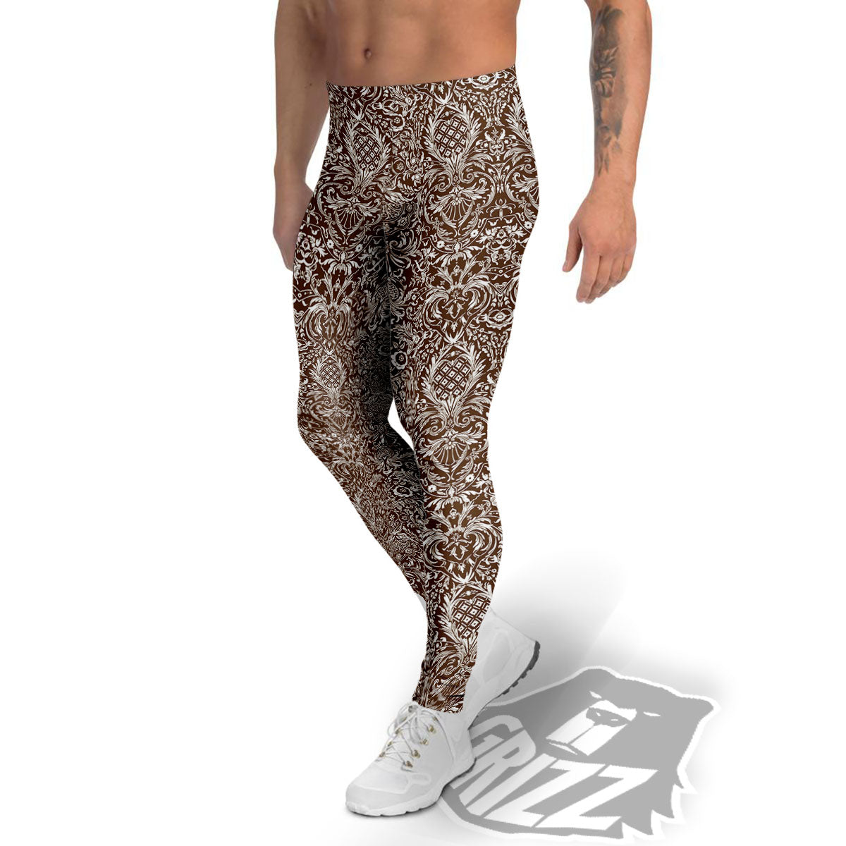 Damask Brown Print Pattern Men's Leggings-grizzshop