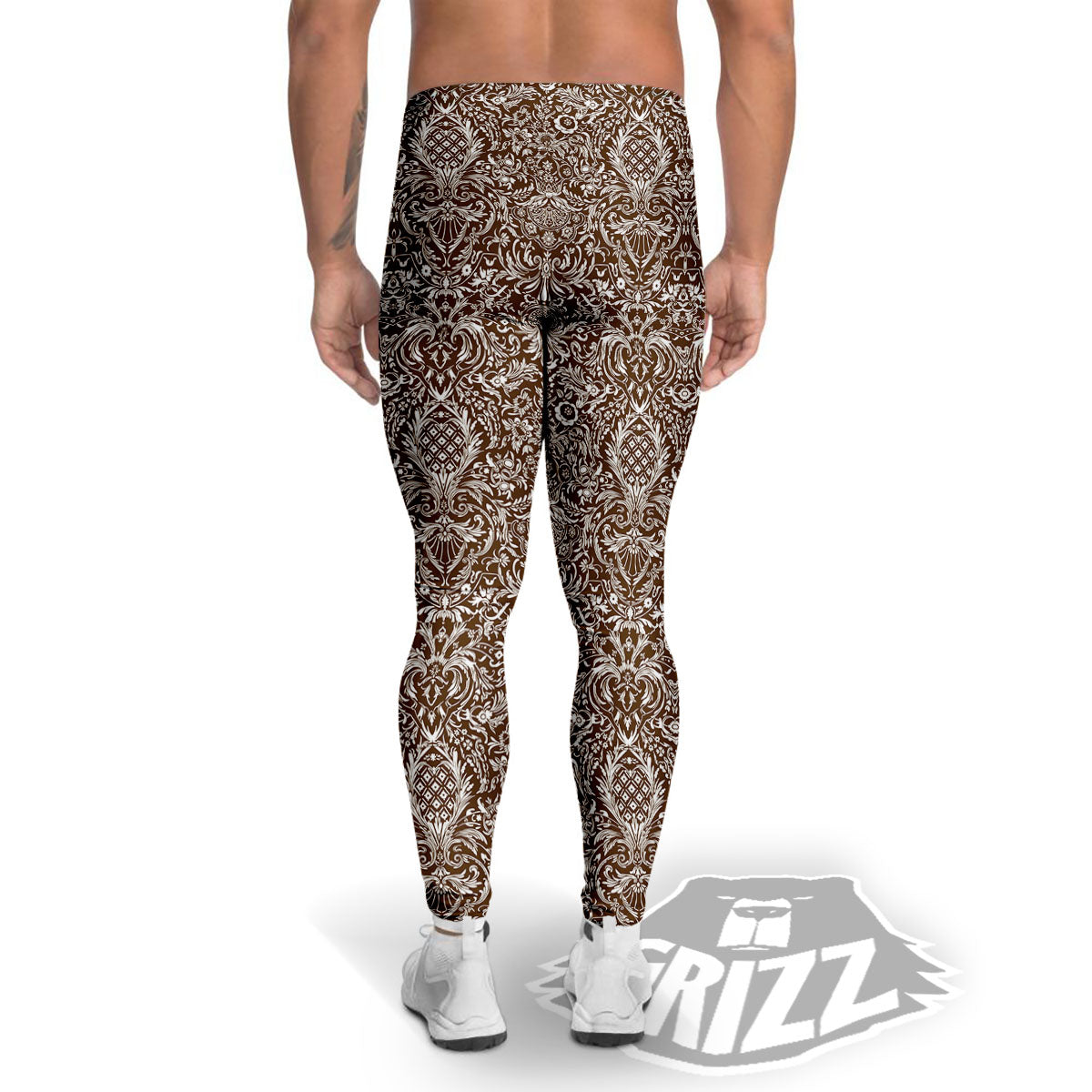 Damask Brown Print Pattern Men's Leggings-grizzshop