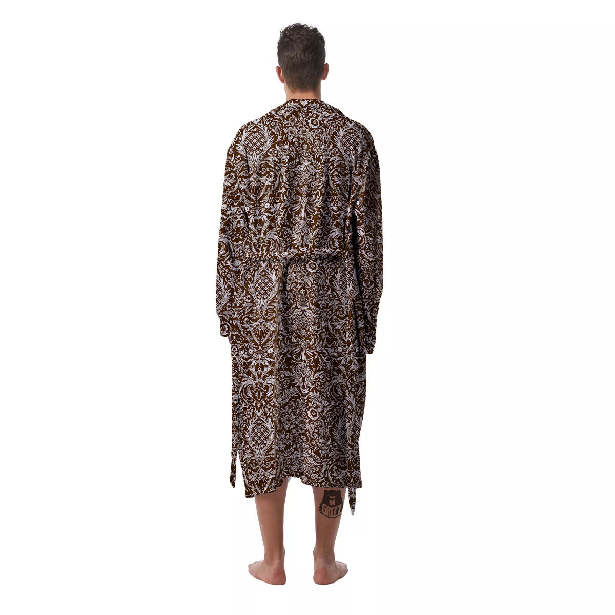 Damask Brown Print Pattern Men's Robe-grizzshop