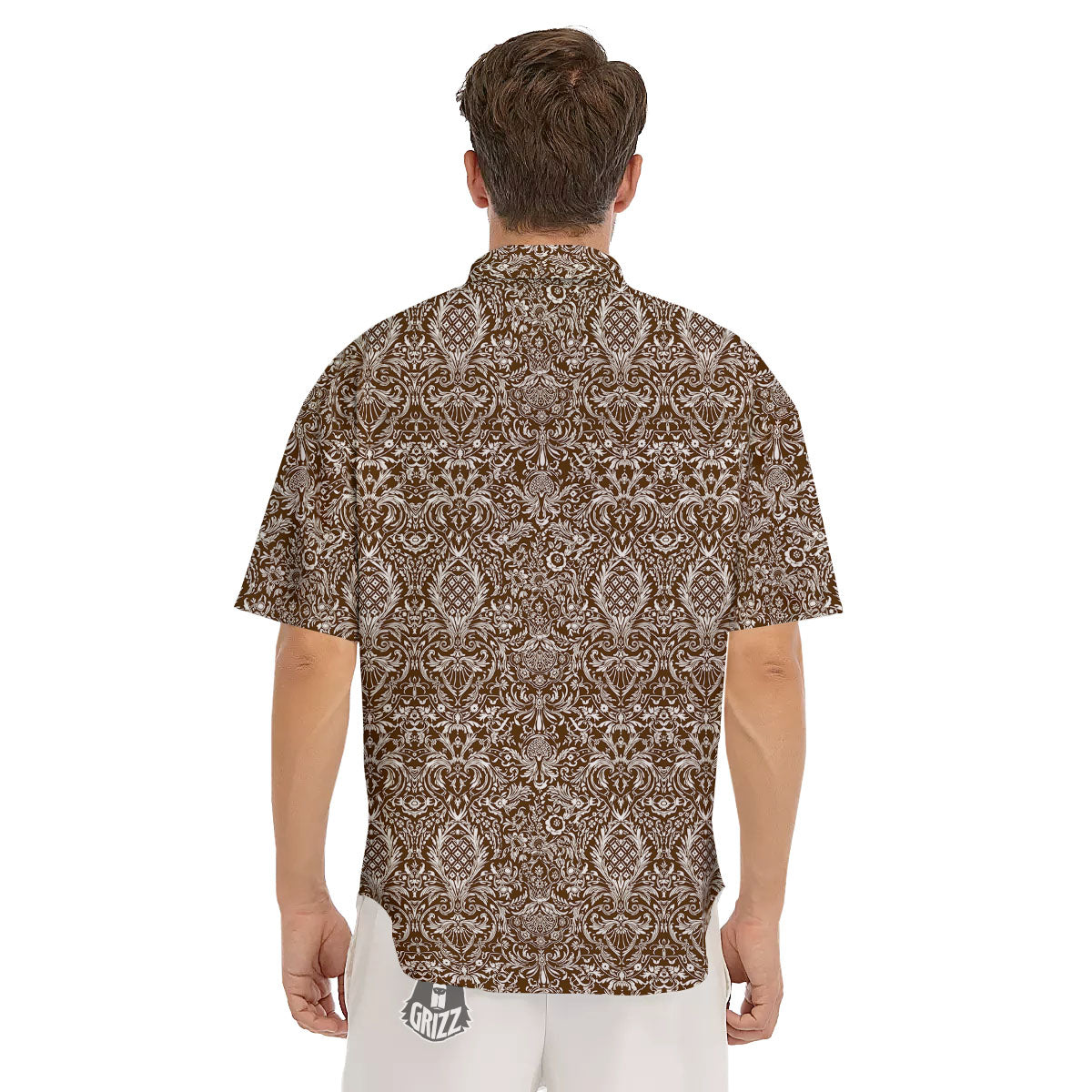 Damask Brown Print Pattern Men's Short Sleeve Shirts-grizzshop