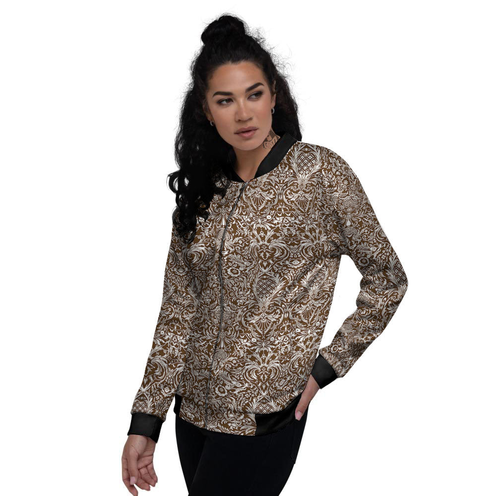 Damask Brown Print Pattern Women's Bomber Jacket-grizzshop