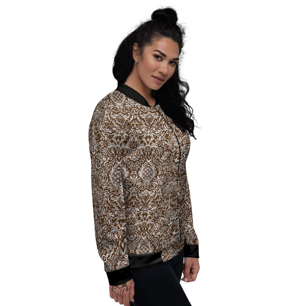 Damask Brown Print Pattern Women's Bomber Jacket-grizzshop