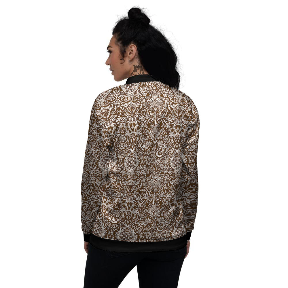 Damask Brown Print Pattern Women's Bomber Jacket-grizzshop