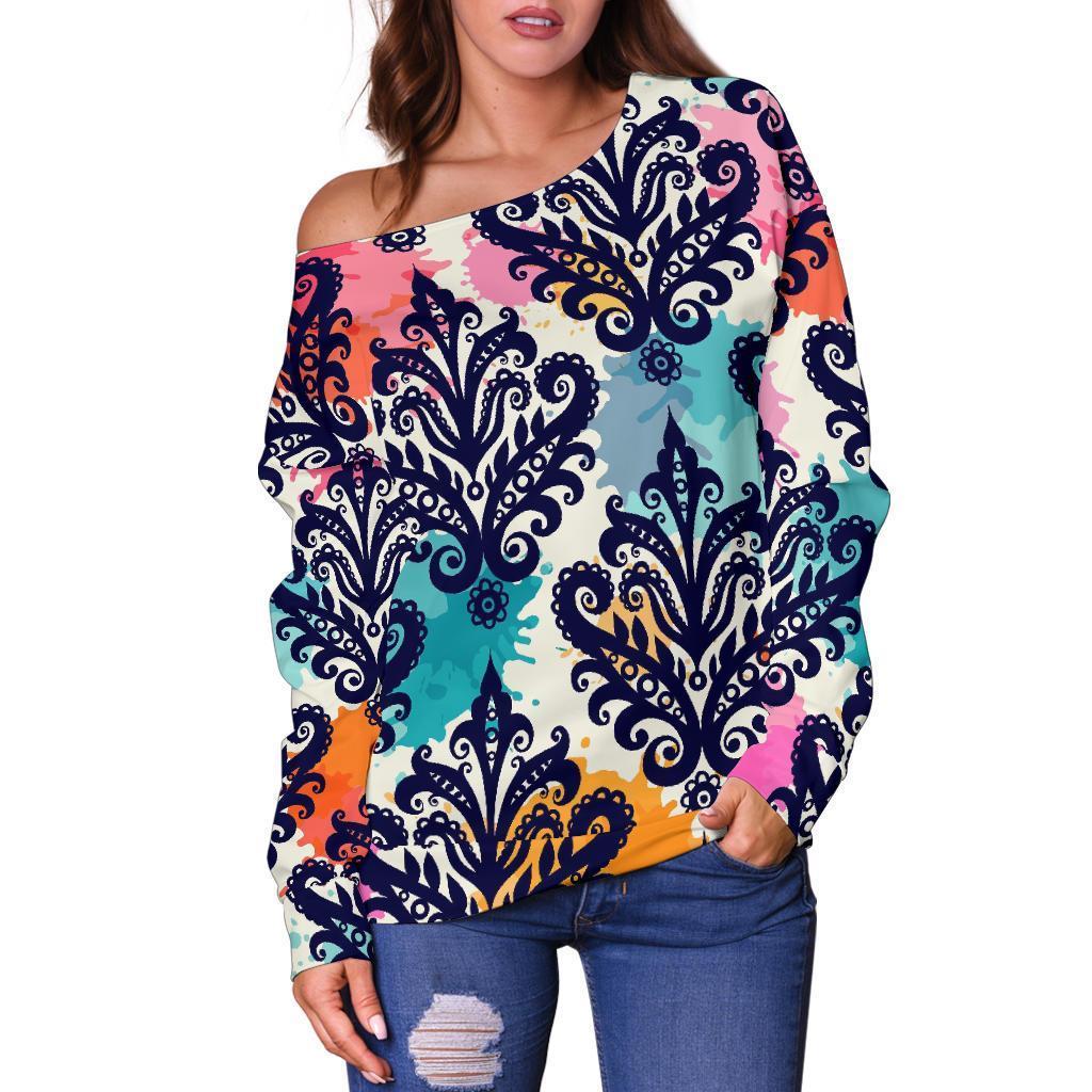 Damask Colorful Pattern Print Women Off Shoulder Sweatshirt-grizzshop