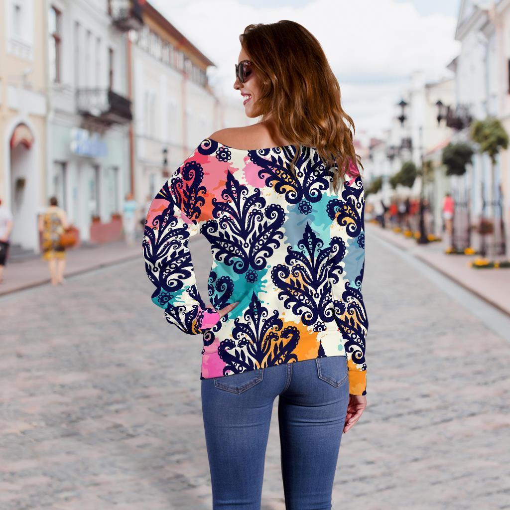 Damask Colorful Pattern Print Women Off Shoulder Sweatshirt-grizzshop