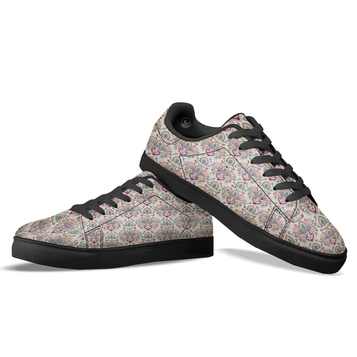 Damask Colorful Print Pattern Black Low Top Sneakers-grizzshop