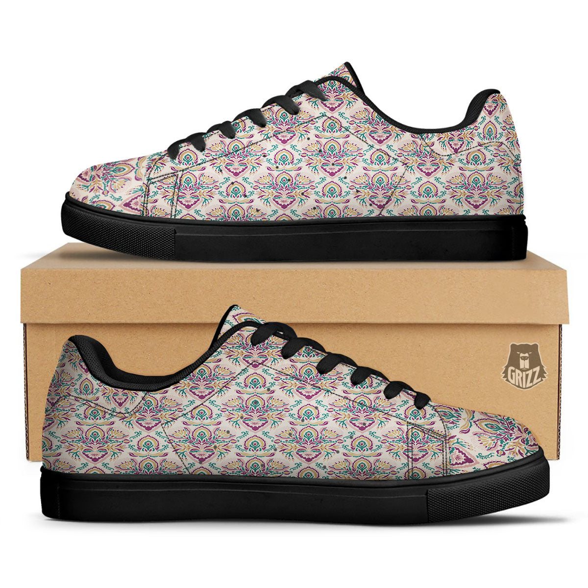 Damask Colorful Print Pattern Black Low Top Sneakers-grizzshop