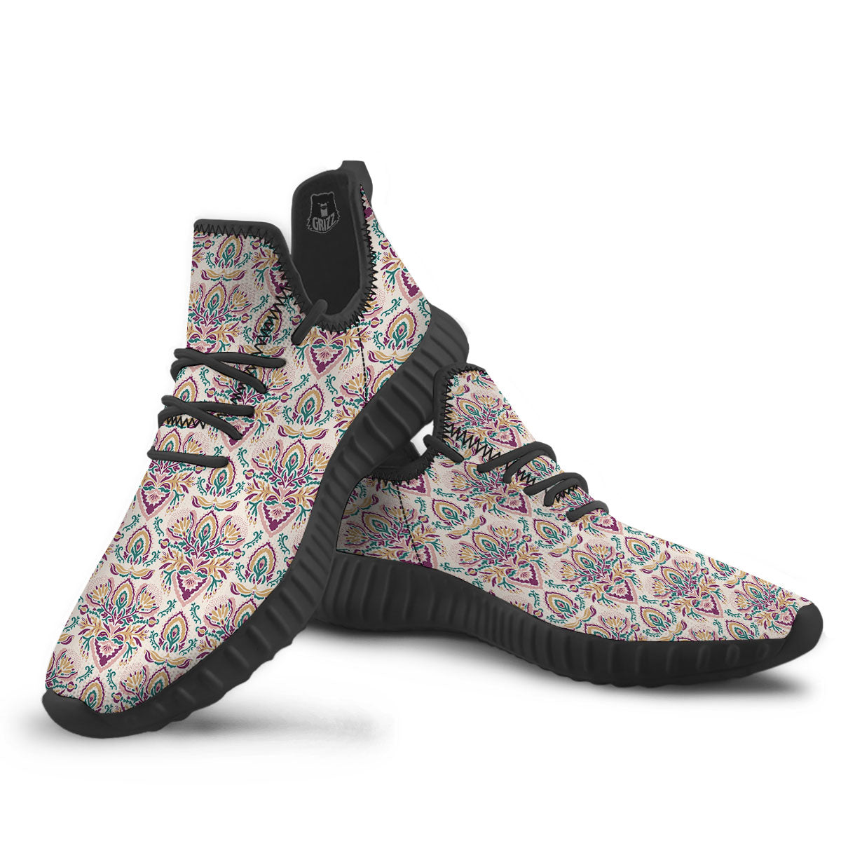 Damask Colorful Print Pattern Black Walking Shoes-grizzshop