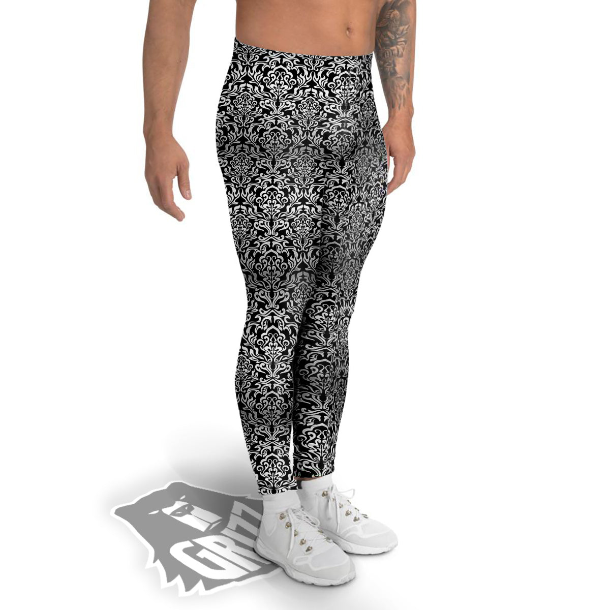 Damask Floral Black Western Print Men's Leggings-grizzshop