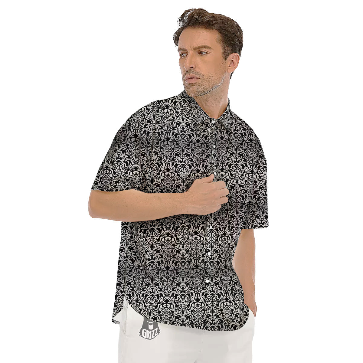 Damask Floral Black Western Print Men's Short Sleeve Shirts-grizzshop