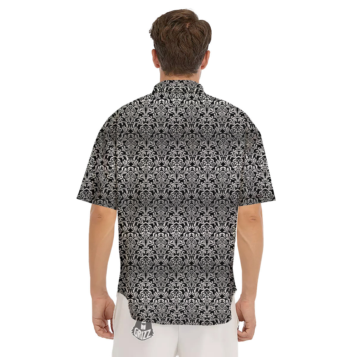 Damask Floral Black Western Print Men's Short Sleeve Shirts-grizzshop