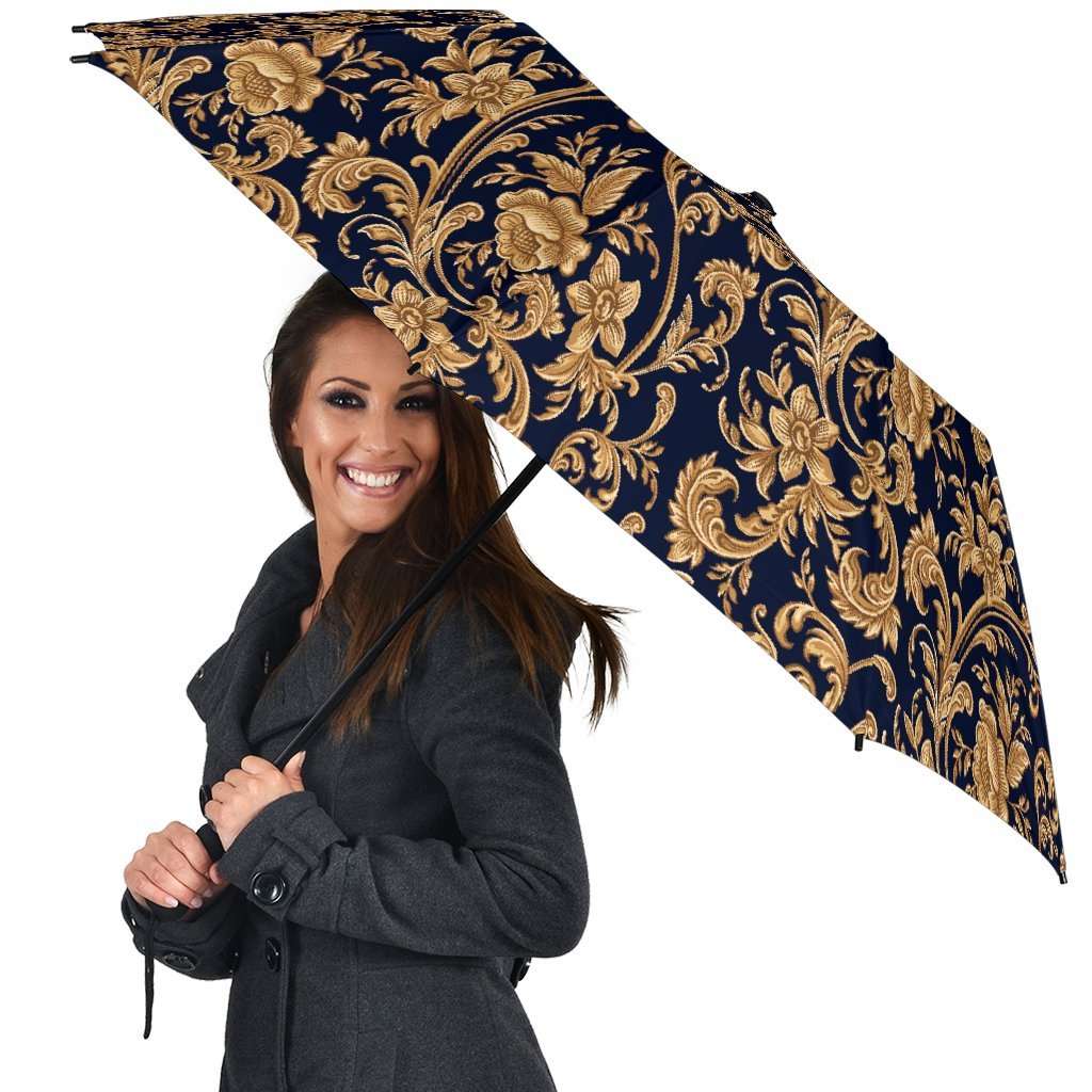 Damask Gold Pattern Print Automatic Foldable Umbrella-grizzshop