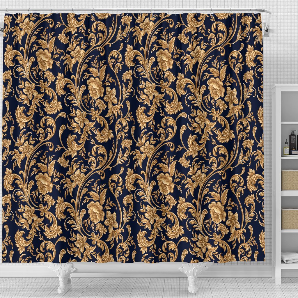 Damask Gold Pattern Print Bathroom Shower Curtain-grizzshop