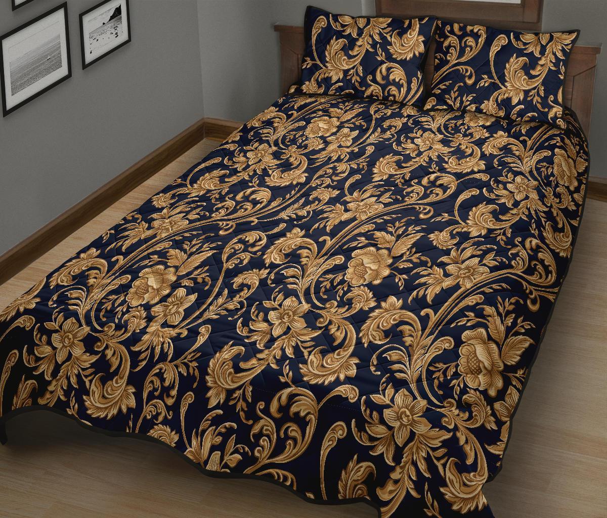 Damask Gold Pattern Print Bed Set Quilt-grizzshop
