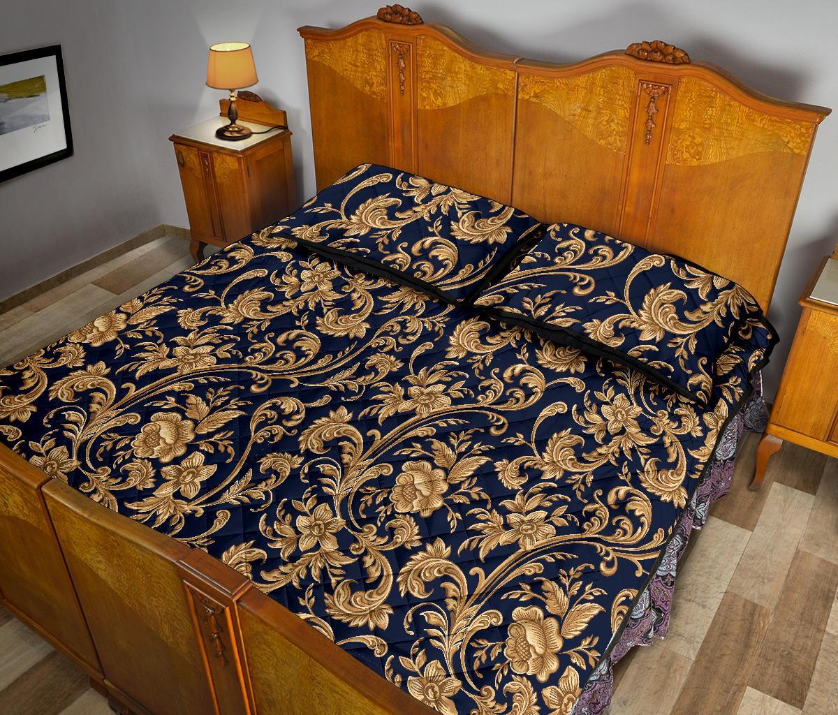 Damask Gold Pattern Print Bed Set Quilt-grizzshop