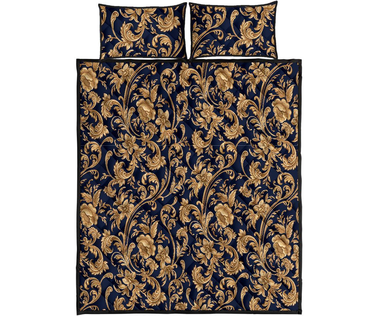 Damask Gold Pattern Print Bed Set Quilt-grizzshop
