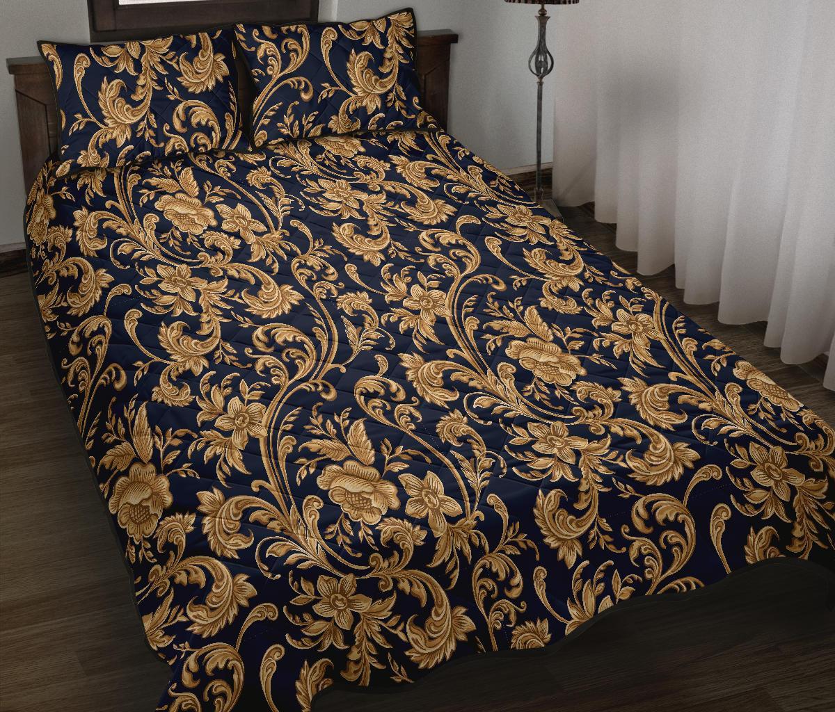 Damask Gold Pattern Print Bed Set Quilt-grizzshop
