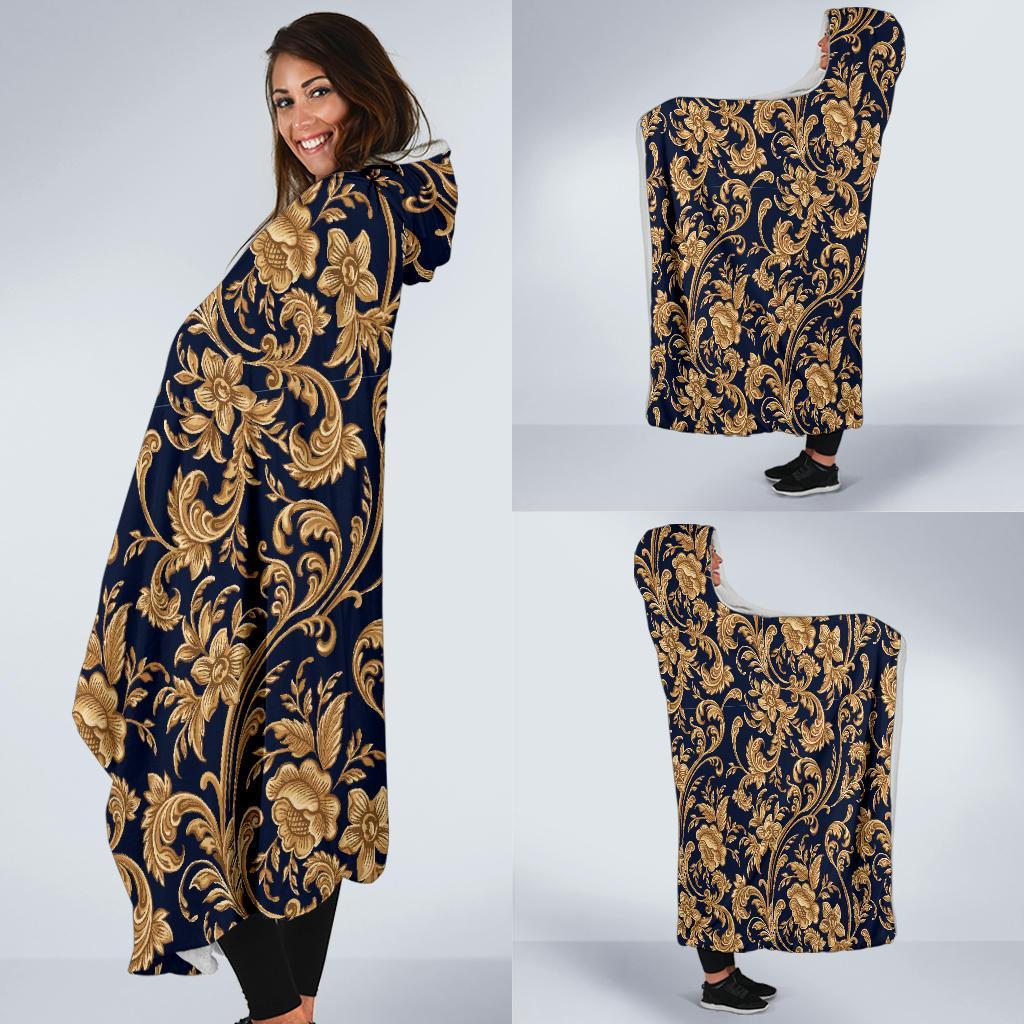 Damask Gold Pattern Print Hooded Blanket-grizzshop