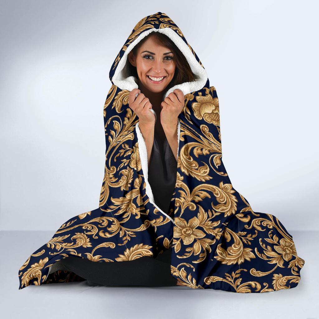 Damask Gold Pattern Print Hooded Blanket-grizzshop
