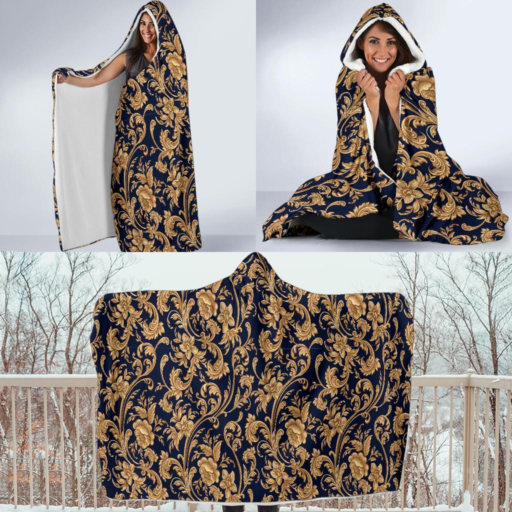 Damask Gold Pattern Print Hooded Blanket-grizzshop