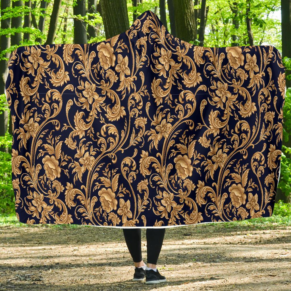 Damask Gold Pattern Print Hooded Blanket-grizzshop